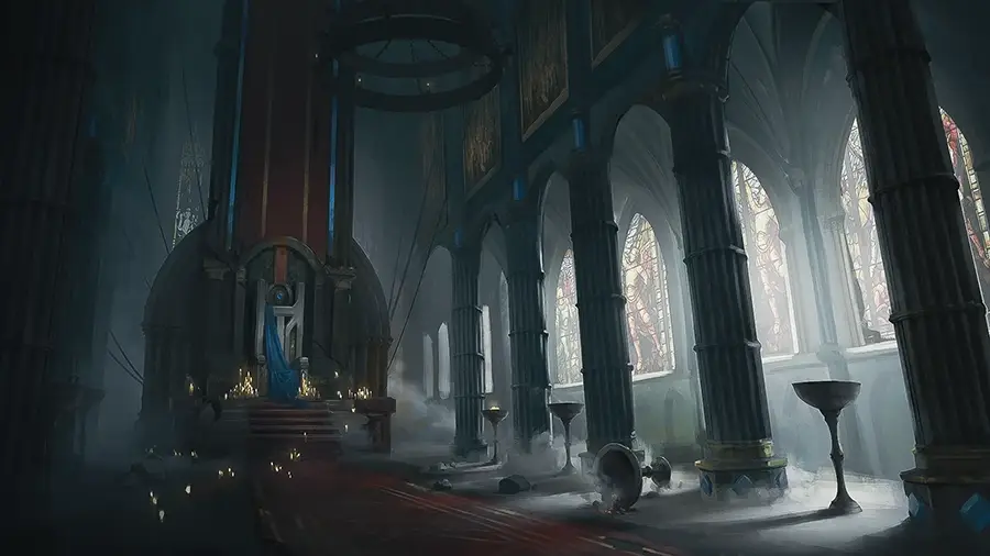 Dark, misty cathedral interior with tall arched stained glass windows, broken chalices, and a throne at the far end.