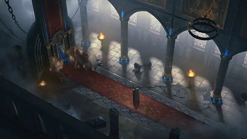 A lone figure stands on a red carpet in a grand, dimly lit medieval throne room with stone pillars, stained glass windows, torches, and a large throne draped with blue fabric.