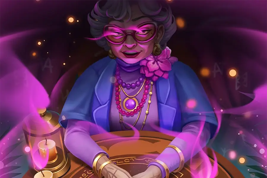 Illustration of a mystical elderly woman with glowing pink eyes and jewelry, seated at a table with purple smoke and candles.
