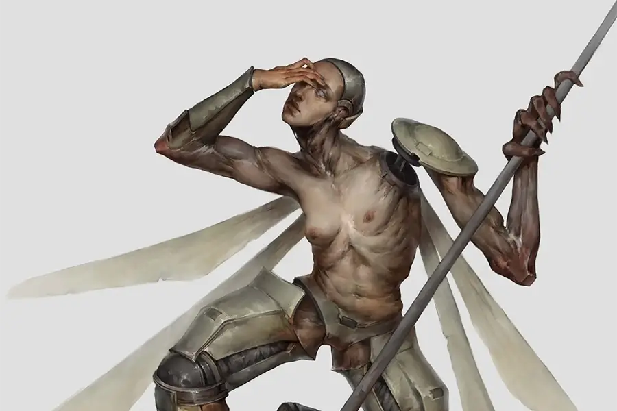 A humanoid figure with a muscular torso and mechanical limbs, holding a spear and shielding their face with one hand.