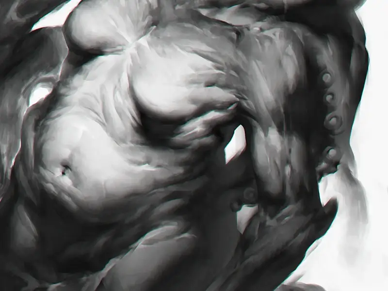 Black and white digital artwork of a distorted, muscular humanoid torso.