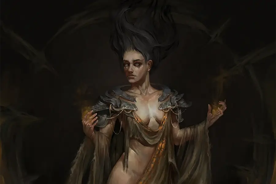 Dark fantasy depiction of a woman with flowing black hair, wearing tattered robes and shoulder armor, holding glowing magical energy in both hands against a shadowy background.
