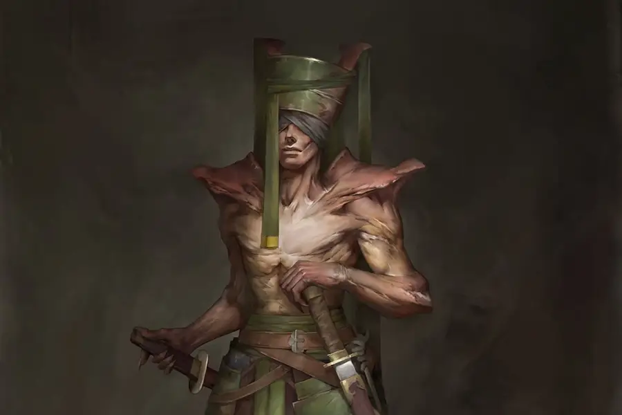 Muscular shirtless warrior with a blindfold and large green helmet holding two swords against a dark background.