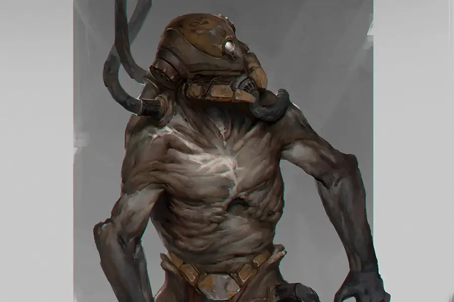 Digital illustration of a humanoid creature with a skeletal, muscular torso and wearing a rusted, mechanical gas mask with attached tubes.