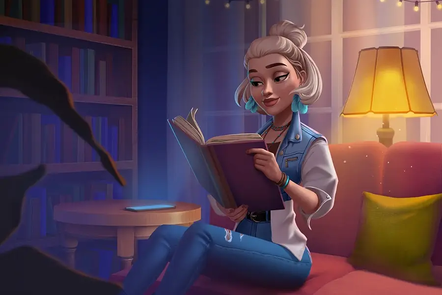 Young woman with a bun hairstyle reading a book on a couch in a cozy, dimly lit room with a lamp and bookshelf.
