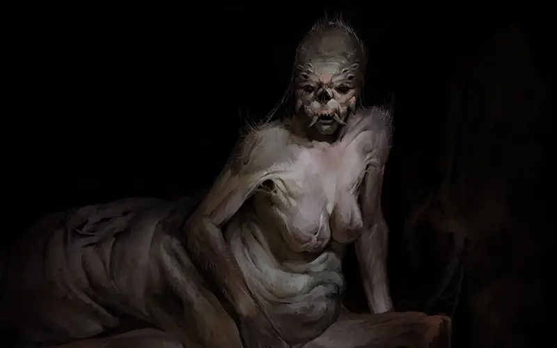 Dark, eerie figure resembling a humanoid spider creature with distorted facial features and a pale, gaunt body against a black background.