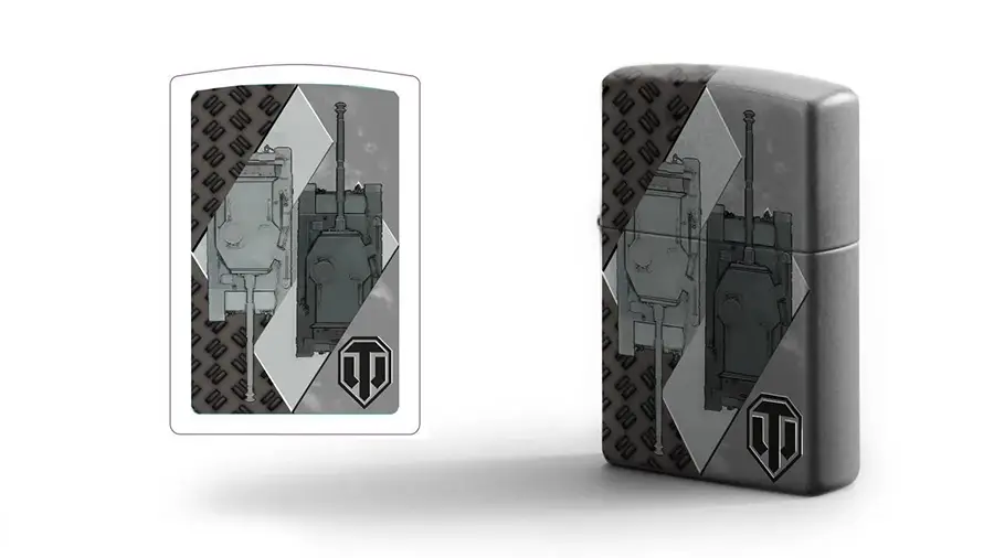 A metal lighter and a card, both featuring a design with two stylized tanks and a logo resembling a shield with a 'T' inside.