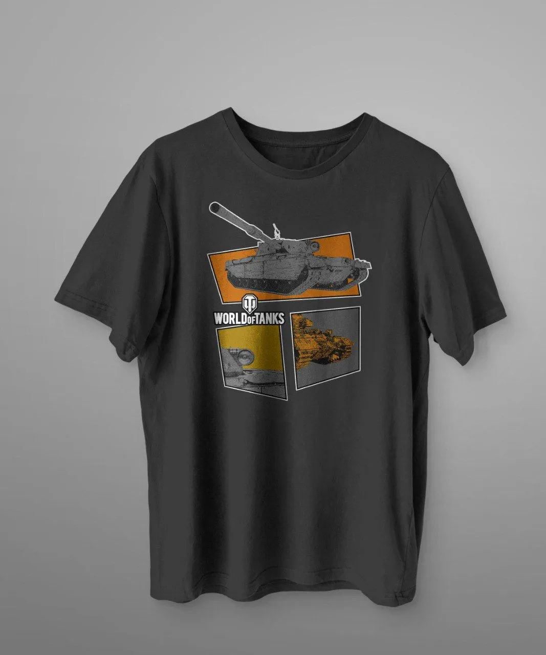 Black T-shirt featuring a design with three stylized tank illustrations and the 'World of Tanks' logo.