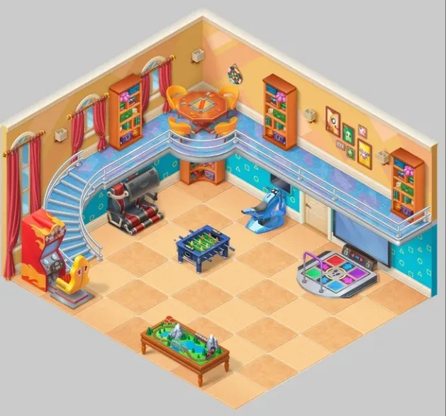 Colorful game room with arcade machine, racing simulators, foosball table, dance pad, train set, and a dining area on a mezzanine.