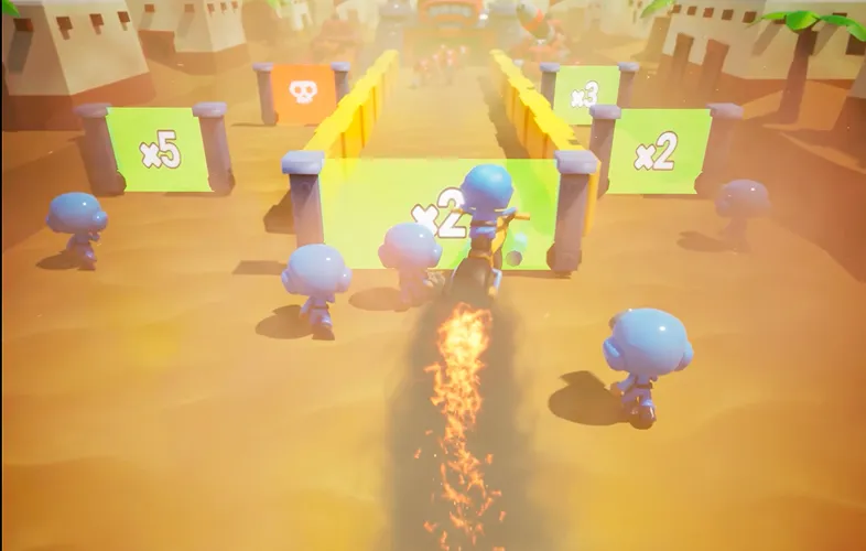 Cartoon character riding a flaming motorcycle through a path with small blue humanoid figures and multiplier signs like x5, x3, and x2 in a colorful game setting.