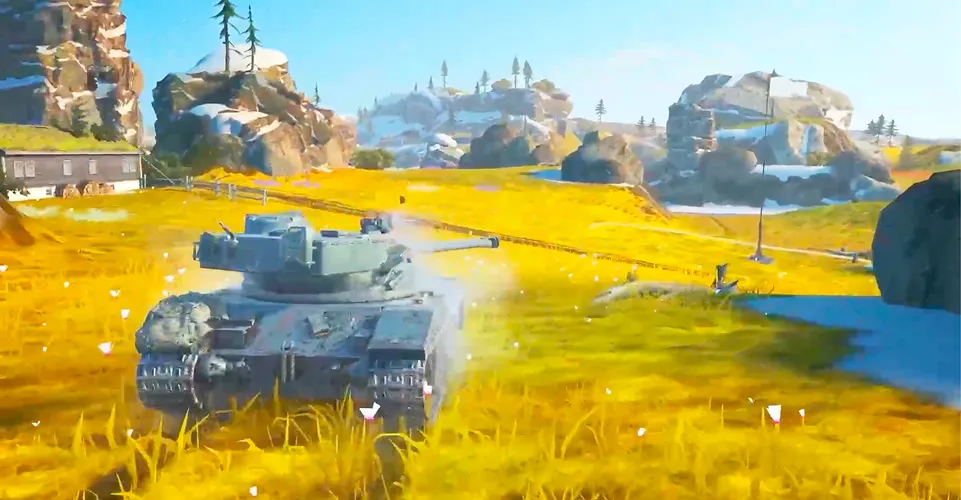 Military tank moving across a bright yellow field with rocky hills and scattered trees in the background.