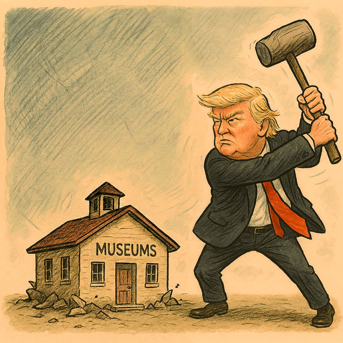Cartoon of man resembling Donald Trump raising a large hammer to smash a small building labeled 'MUSEUMS'.