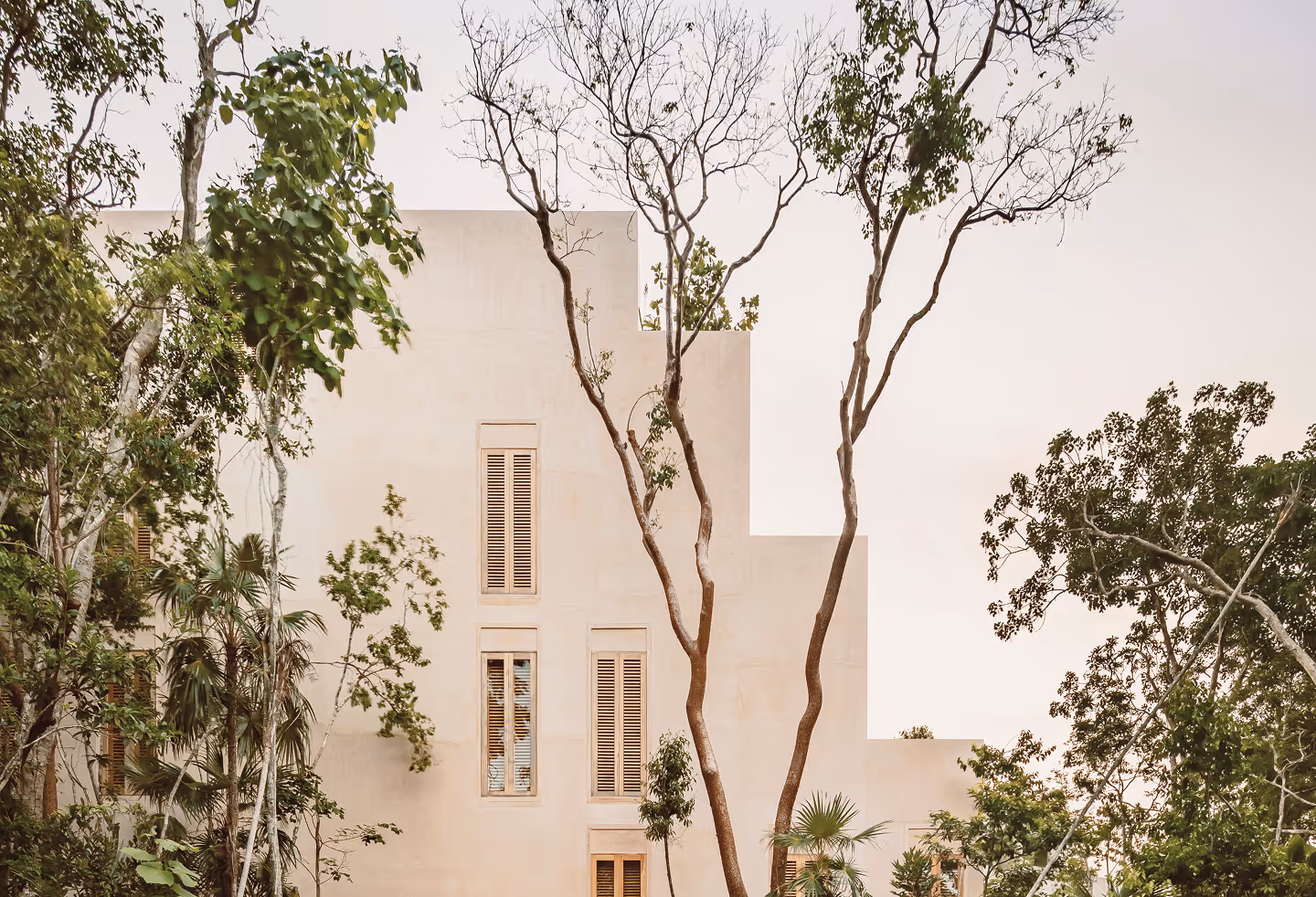 Minimalist beige building partially obscured by slender trees and green foliage against a pale sky.