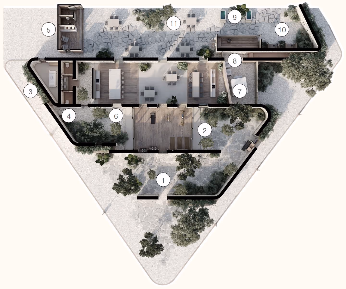 Top-down architectural floor plan of a triangular wellness center with labeled numbered areas including outdoor garden, exercise space, restrooms, seating areas, and outdoor tables.
