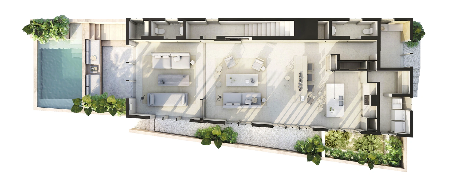 Top-down floor plan of a villa ground floor with living room, kitchen, dining area, two bathrooms, laundry room, outdoor pool, and garden areas.