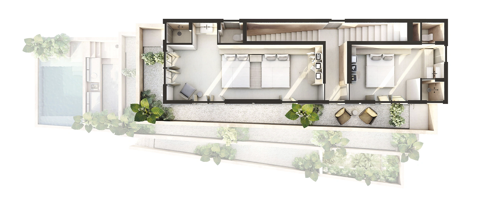 3D floor plan of a modern house with two bedrooms, bathrooms, staircase, outdoor sitting area, and a pool.