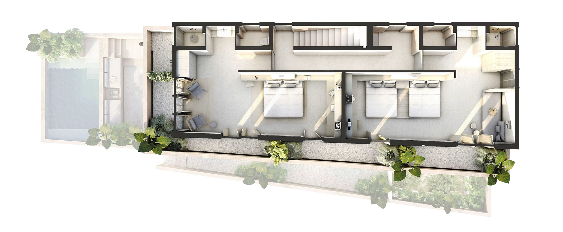 Top-down 3D floor plan of a villa with two bedrooms, two bathrooms, a hallway with stairs, a small outdoor seating area, and surrounding greenery.