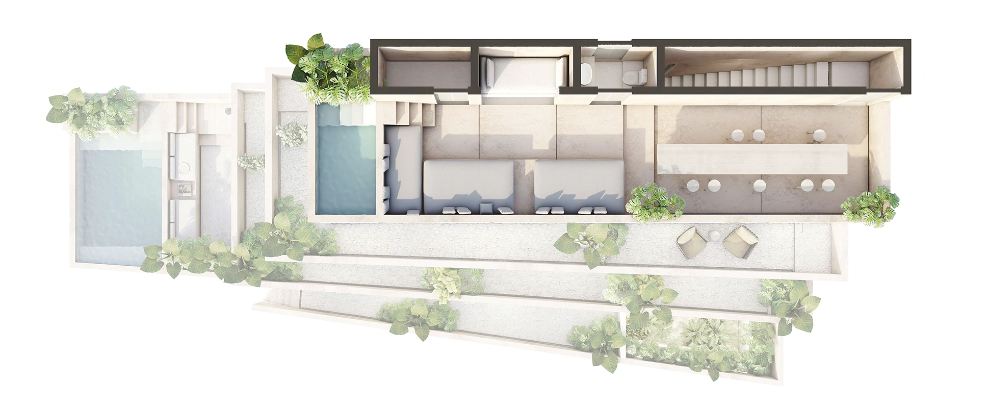 Top-down view of a modern villa floor plan showing living areas, rooms with sofas, a bathroom, stairs, pool, outdoor seating, and surrounding greenery.