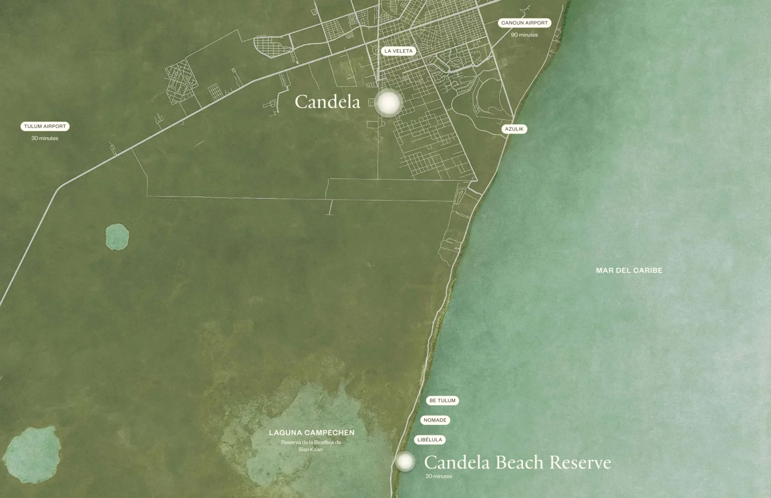 Map showing Candela near La Veleta with nearby locations including Tulum Airport 30 minutes away, Cancun Airport 90 minutes away, and Candela Beach Reserve by the Caribbean Sea.