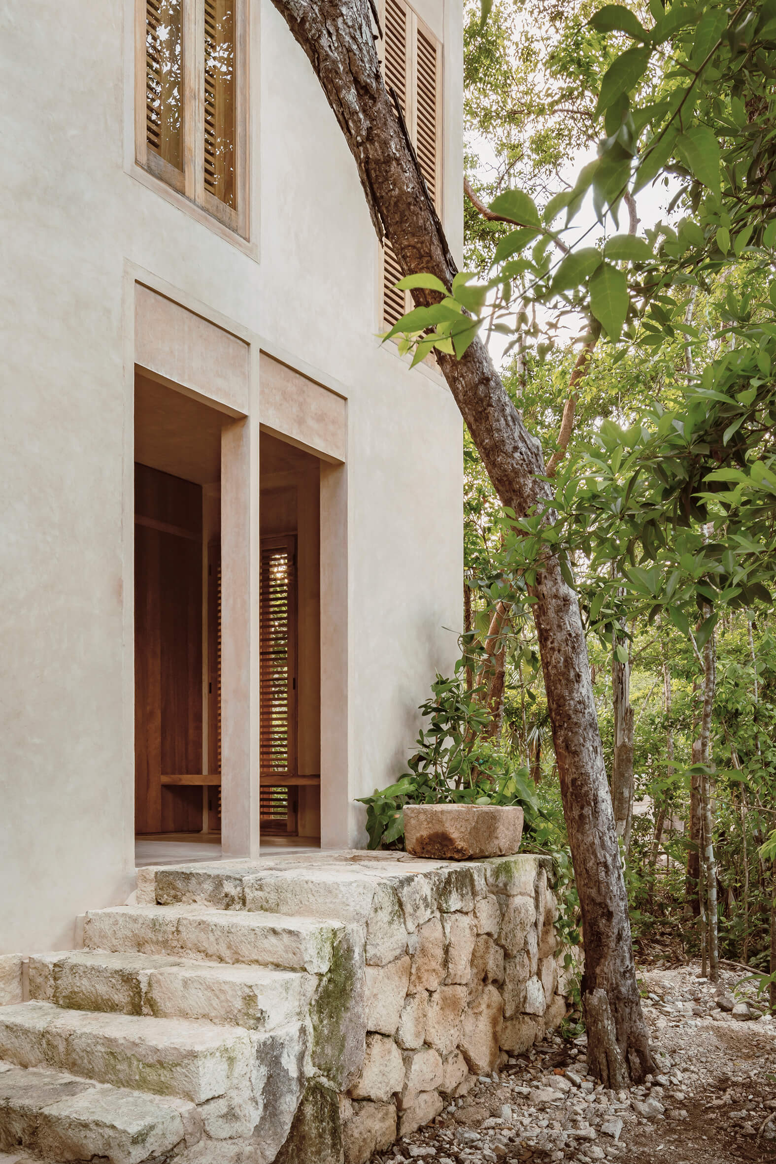 Stone stairway leading to an open entrance of a beige building surrounded by green trees and foliage.