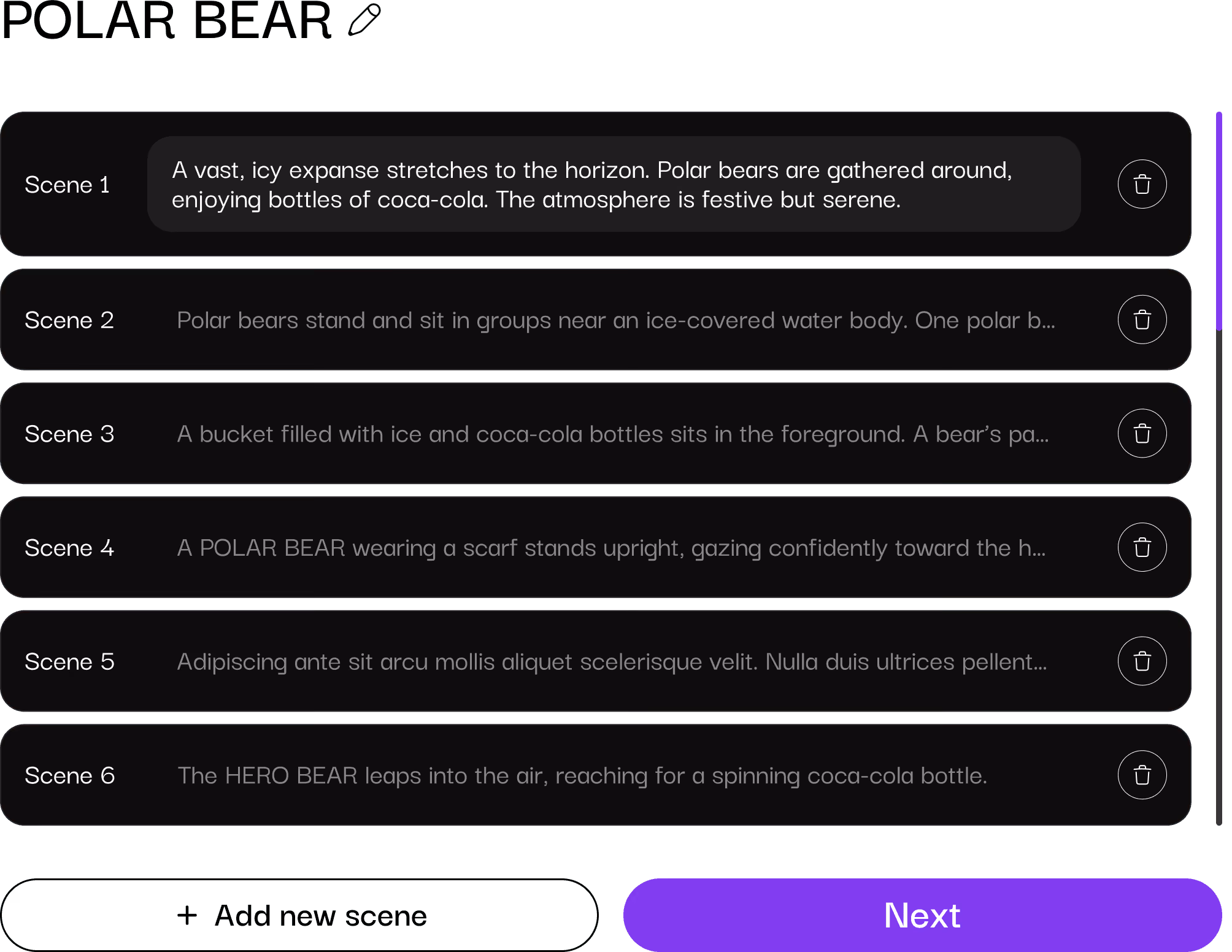 User interface showing a scene list for polar bear storyboard with scene descriptions and options to delete or add new scenes.