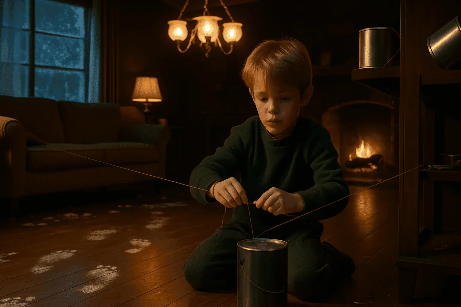 Boy sitting on floor at night, tying string around a metal can, with bear pawprints glowing on wooden floor and a fireplace in the background.
