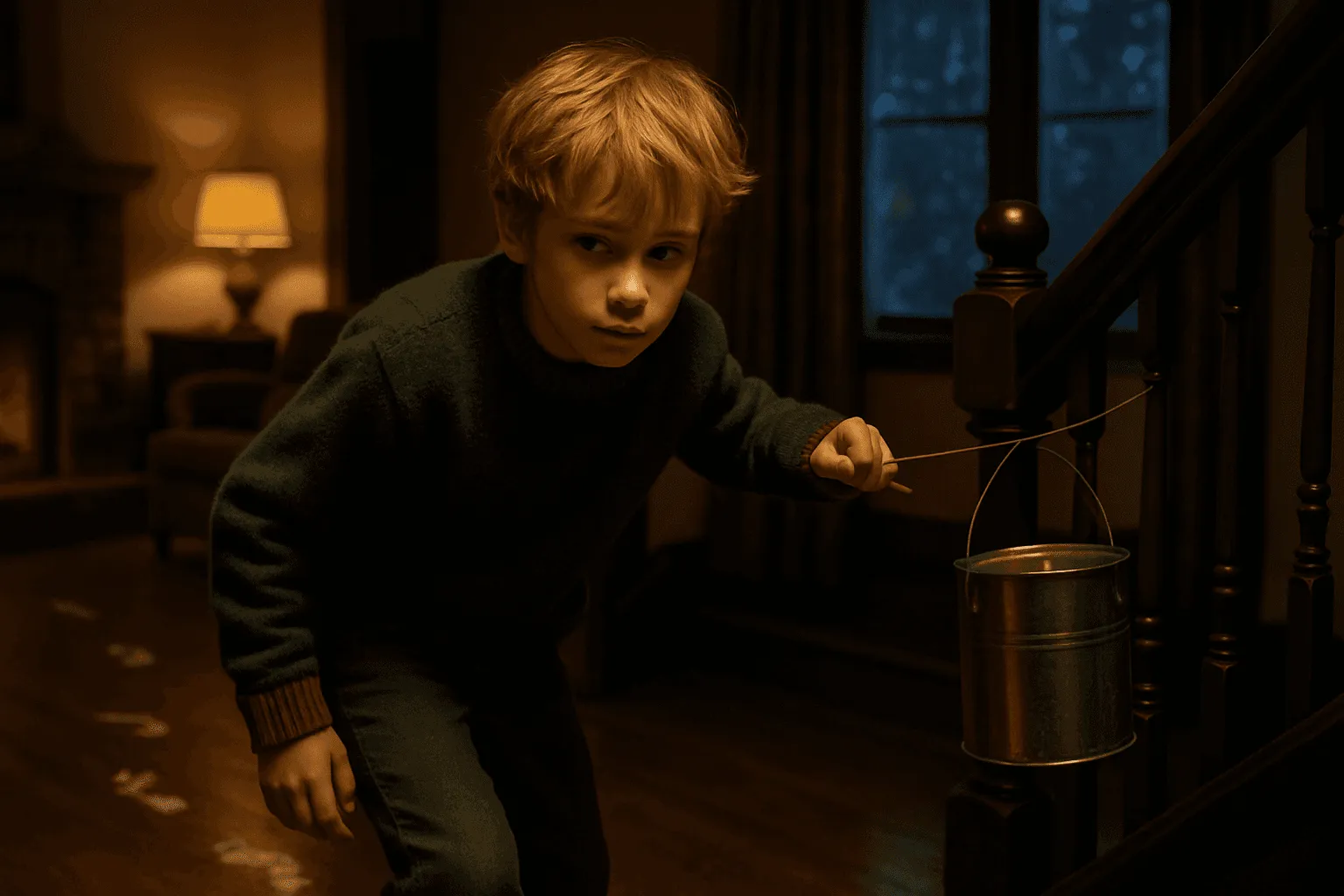 Young boy holding a metal bucket by stairs in a dimly lit room during evening.