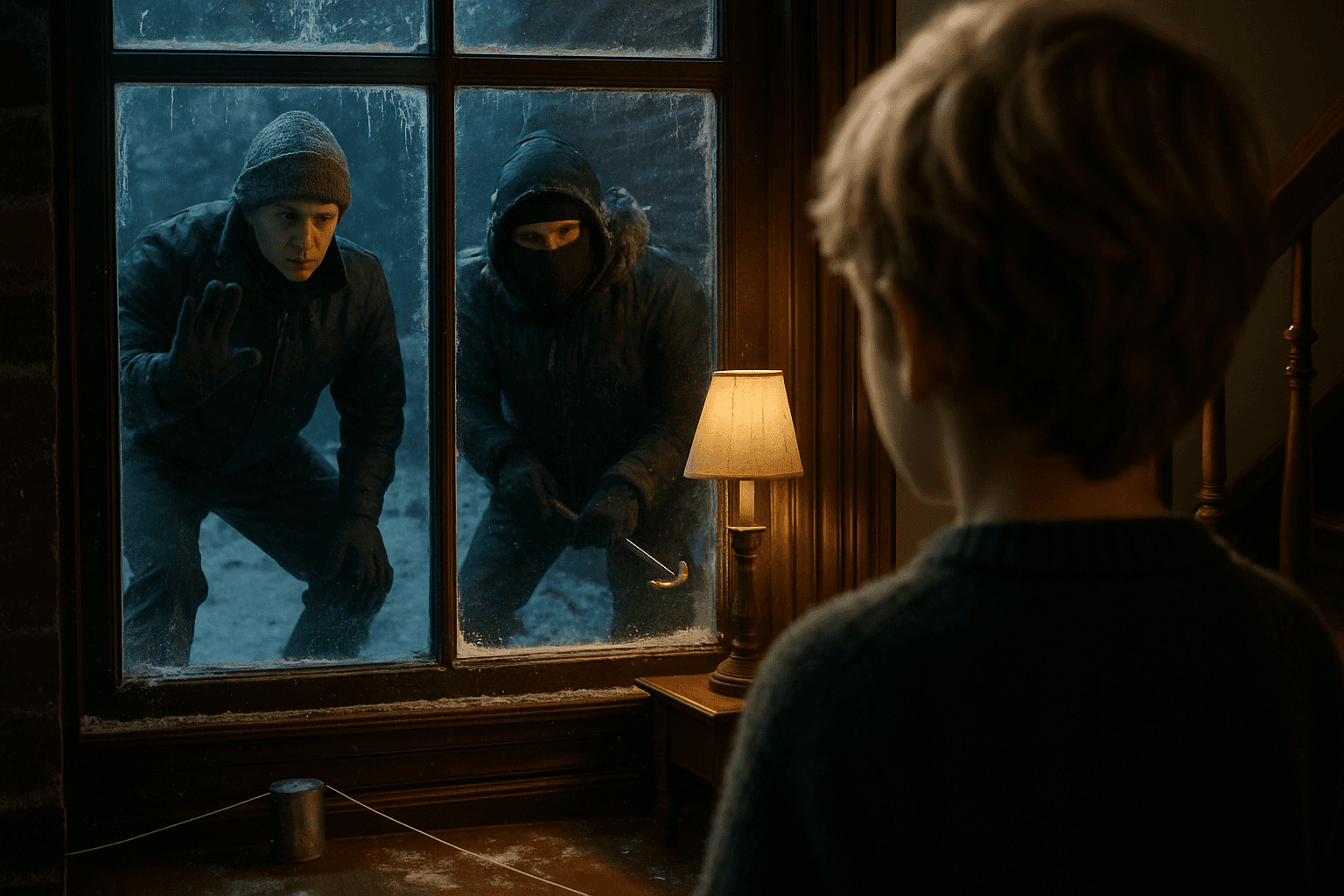 Two masked burglars outside a frosted window, one holding a crowbar and the other pressing a hand to the glass, while a child inside watches them.