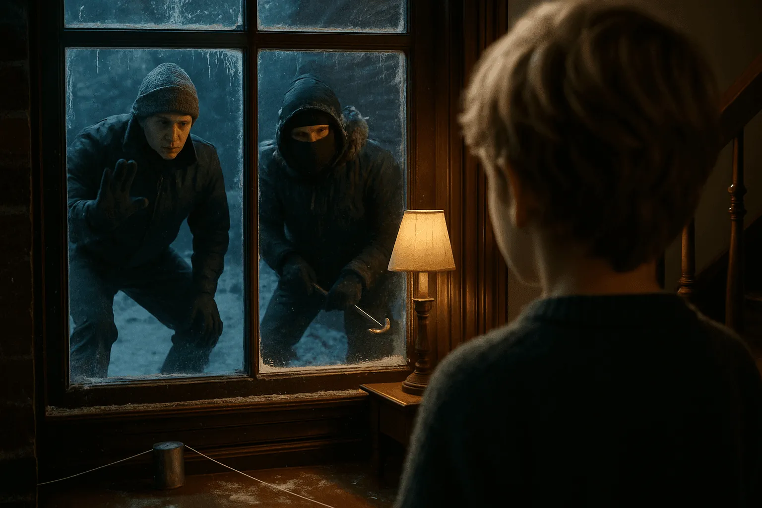 Two masked burglars outside a frosted window, one holding a crowbar and the other pressing a hand to the glass, while a child inside watches them.