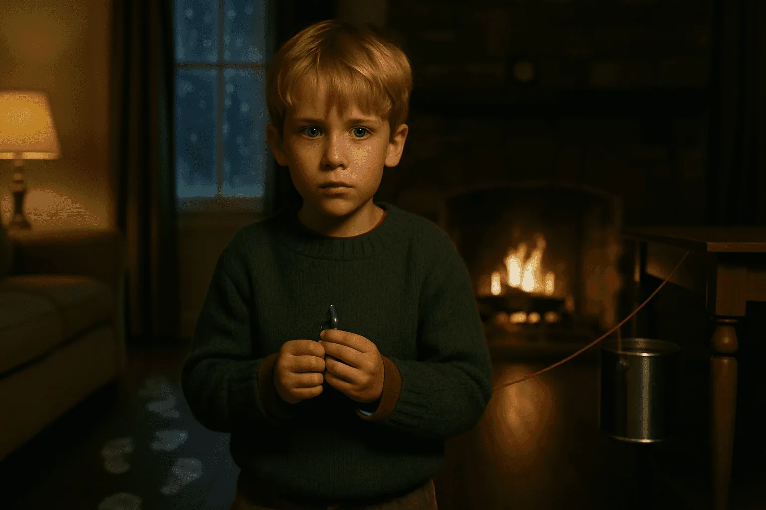 Young boy in a dark sweater holding a small object, standing in a dimly lit room with a fireplace and a trail of wet footprints on the floor.