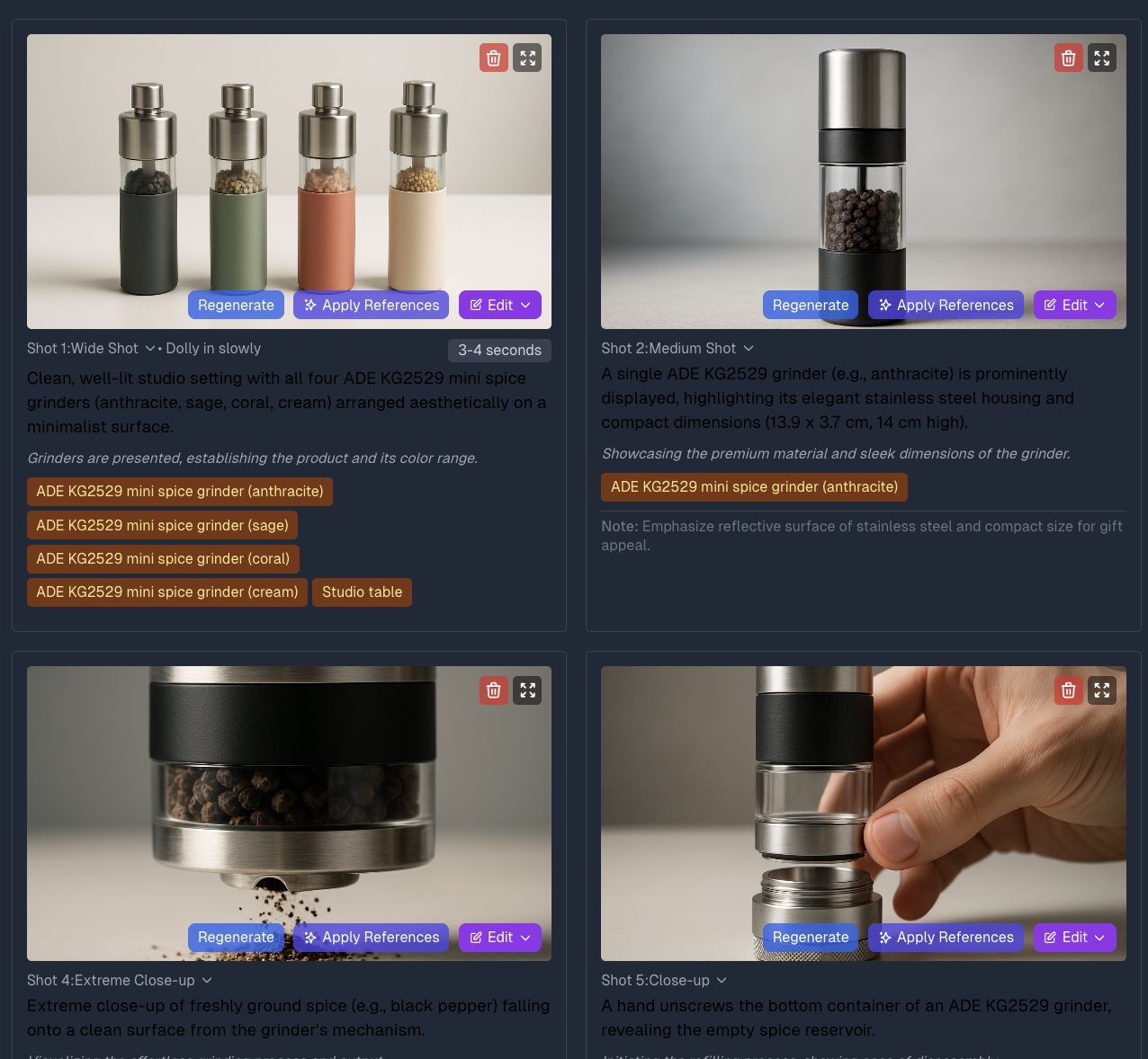 Four ADE KG2529 mini spice grinders in anthracite, sage, coral, and cream colors arranged on a minimalist surface.