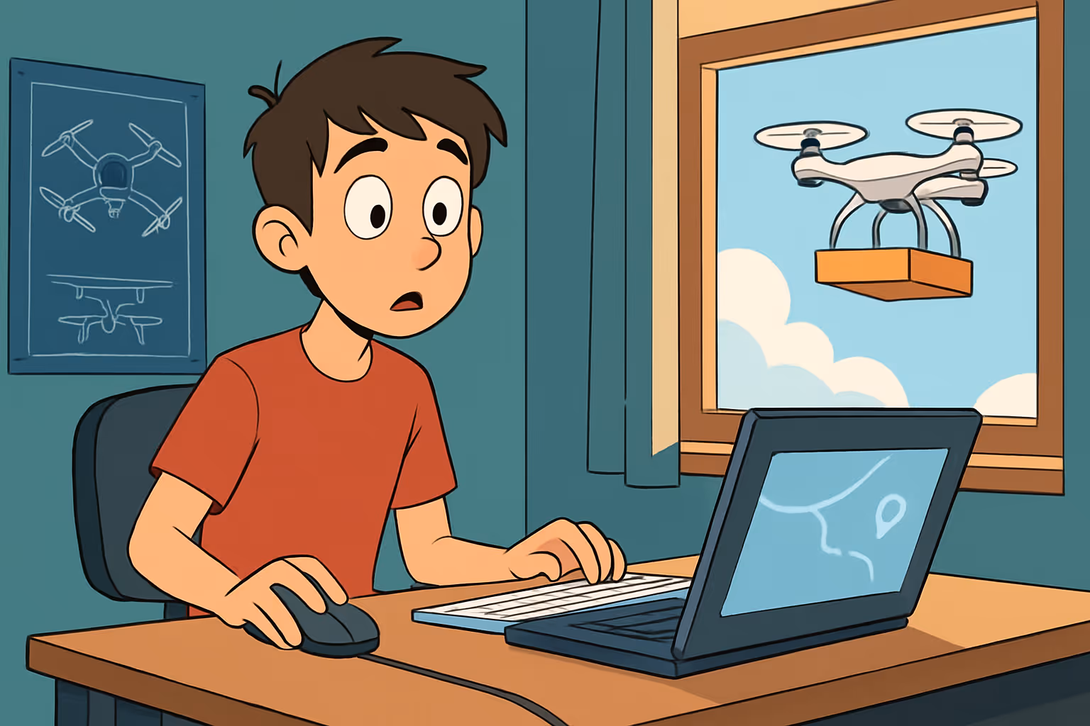 Surprised boy using a laptop at a desk inside with a delivery drone carrying a package outside the window.