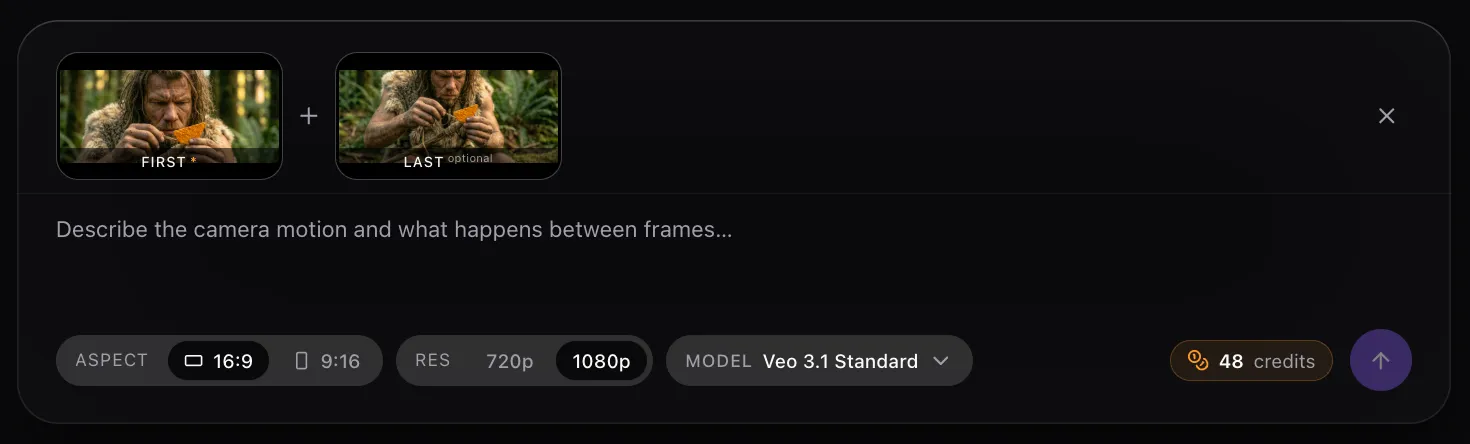 DrawStory video generation panel selecting a first frame to generate a clip