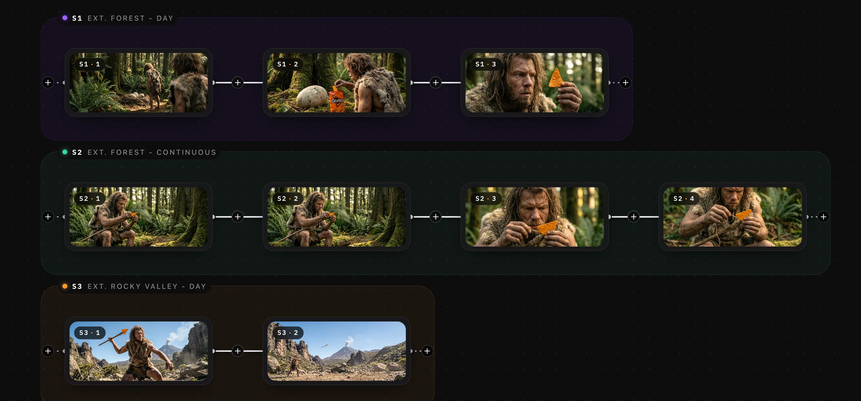 DrawStory storyboard canvas showing sequenced shots across three scenes with a consistent character in every frame