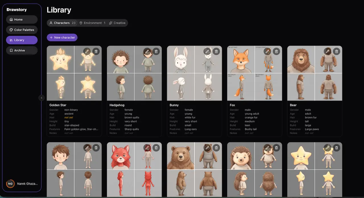 DrawStory library of saved characters, outfits and locations