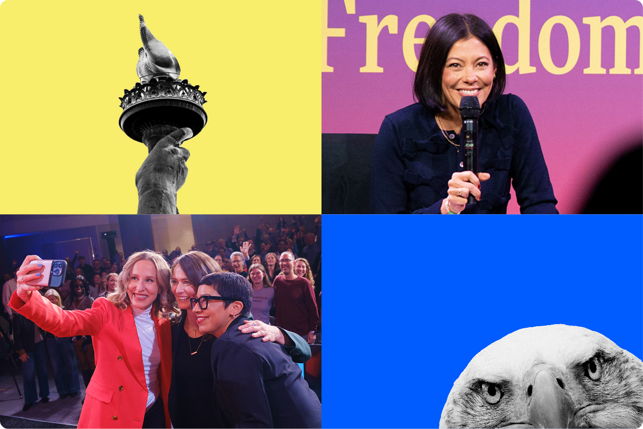 Crooked Con 2025: Branding Lady Liberty. Crooked Con 2025: Strict Scrutiny Live selfie with Leah Litman, Kate Shaw and Melissa Murray. Crooked Con 2025: Alex Wagner holds microphone. Crooked Con 2025: branding bald eagle.