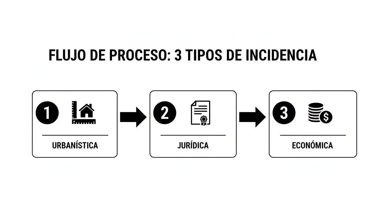 Diagrama de flujo que ilustra tres tipos de incidencia: urbanística, jurídica y económica, con sus respectivos iconos.