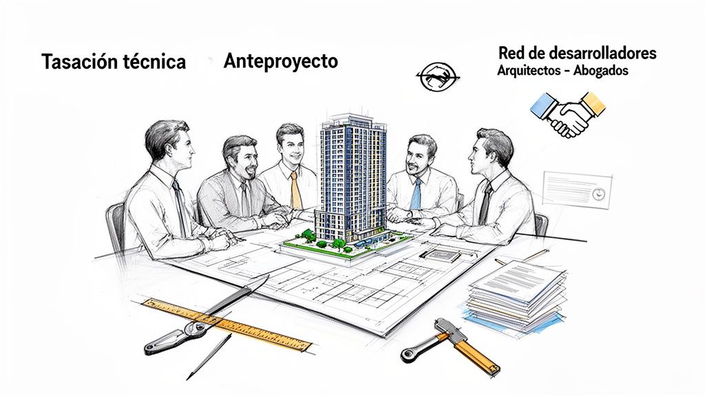 Reunión de profesionales para un proyecto de construcción, con planos, modelo de edificio y herramientas. Incluye tasación técnica y anteproyecto.