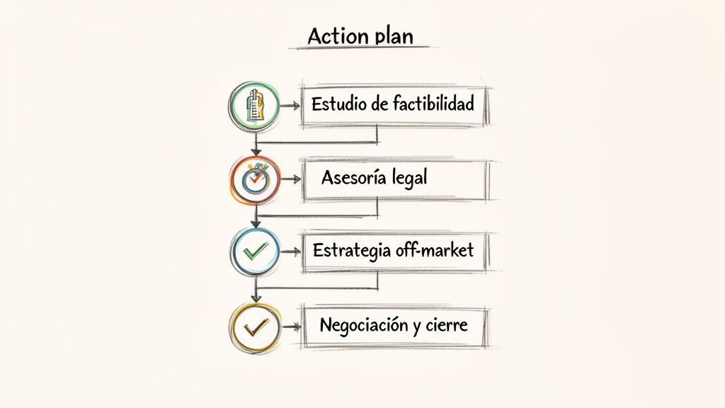 Flujograma del plan de acción que detalla los pasos de estudio de factibilidad, asesoría legal, estrategia y cierre.