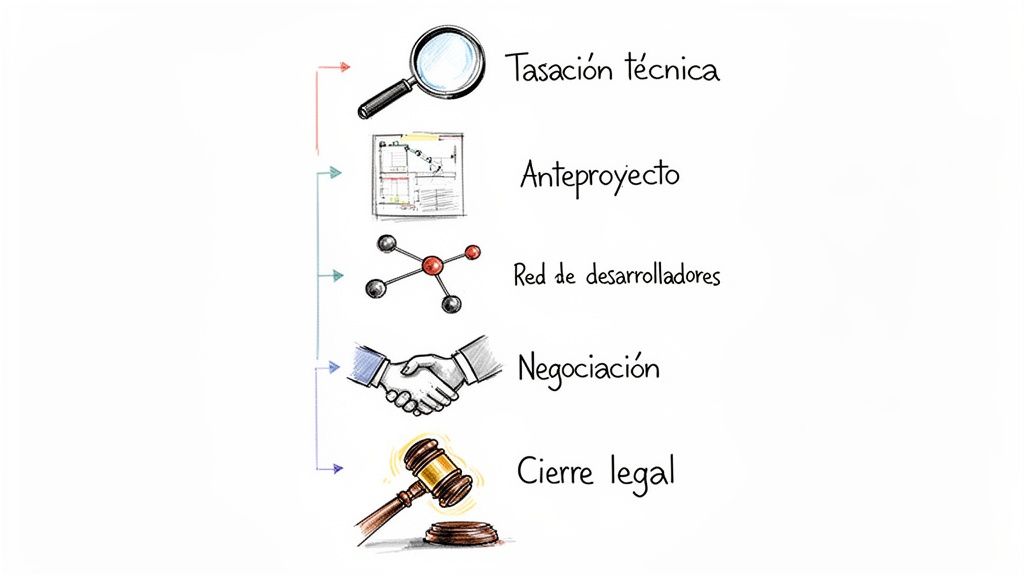 Flujo de proceso de inversión inmobiliaria: tasación técnica, anteproyecto, red de desarrolladores, negociación y cierre legal.