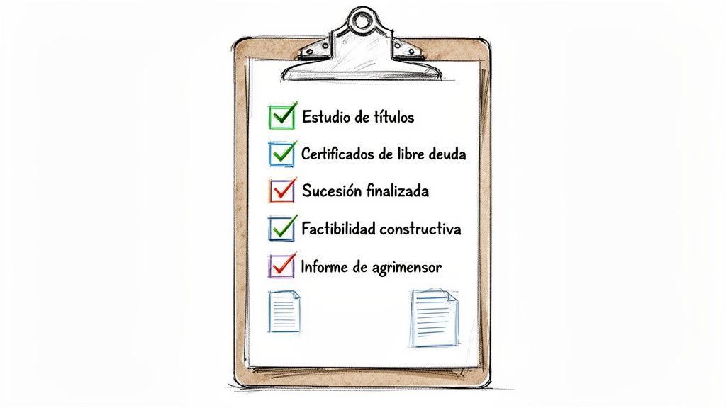 Lista de verificación en un portapapeles con tareas legales y de construcción marcadas.