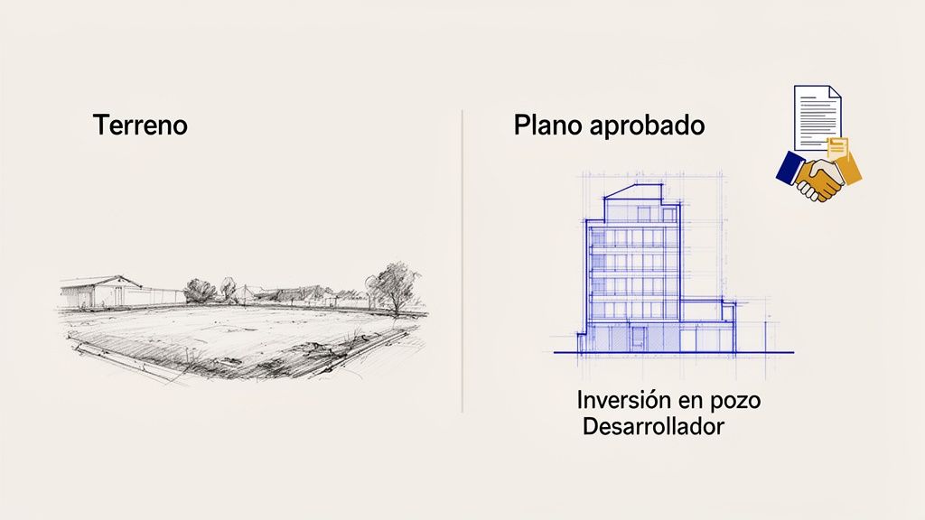 Ilustración de un terreno baldío junto a un plano de construcción aprobado, representando inversión inmobiliaria en pozo.