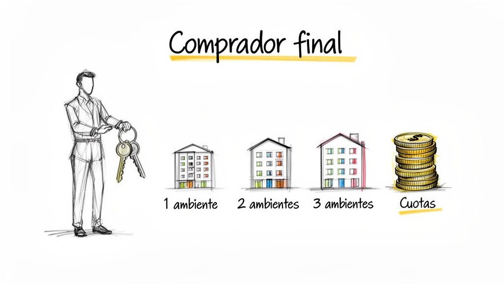 Ilustración de un comprador final con llaves, mostrando opciones de apartamentos (1, 2 y 3 ambientes) y pagos en cuotas.