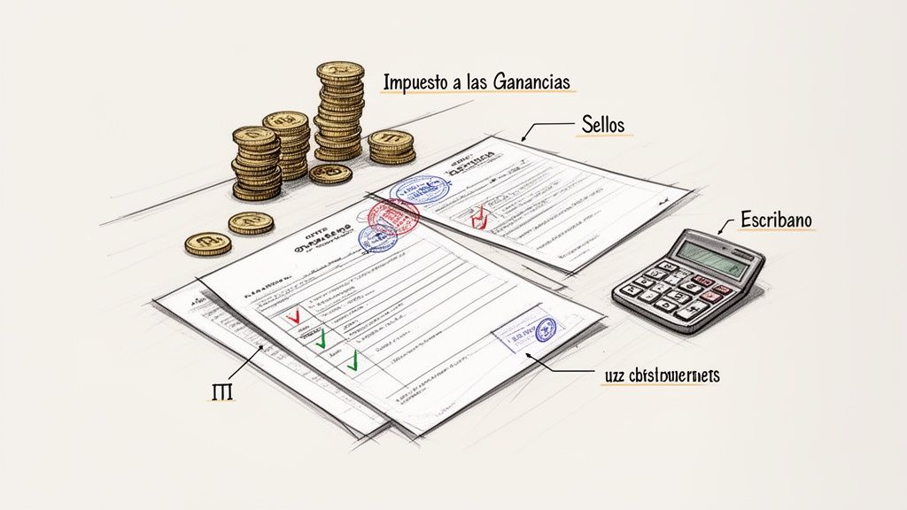 Documentos, calculadora, pilas de dinero y texto de 'Impuesto a las Ganancias' y 'Escribano'.