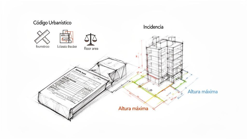 Diagrama del Código Urbanístico mostrando la incidencia en el diseño de edificios y la altura máxima permitida.