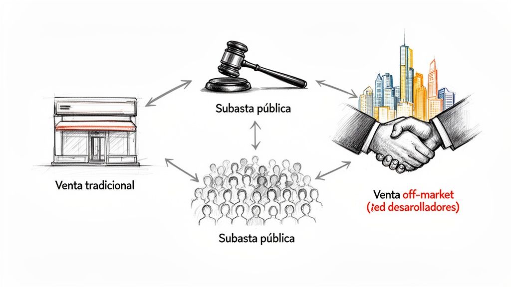 Diagrama de opciones de venta: tradicional, subasta pública y off-market, mostrando sus interconexiones con flechas.