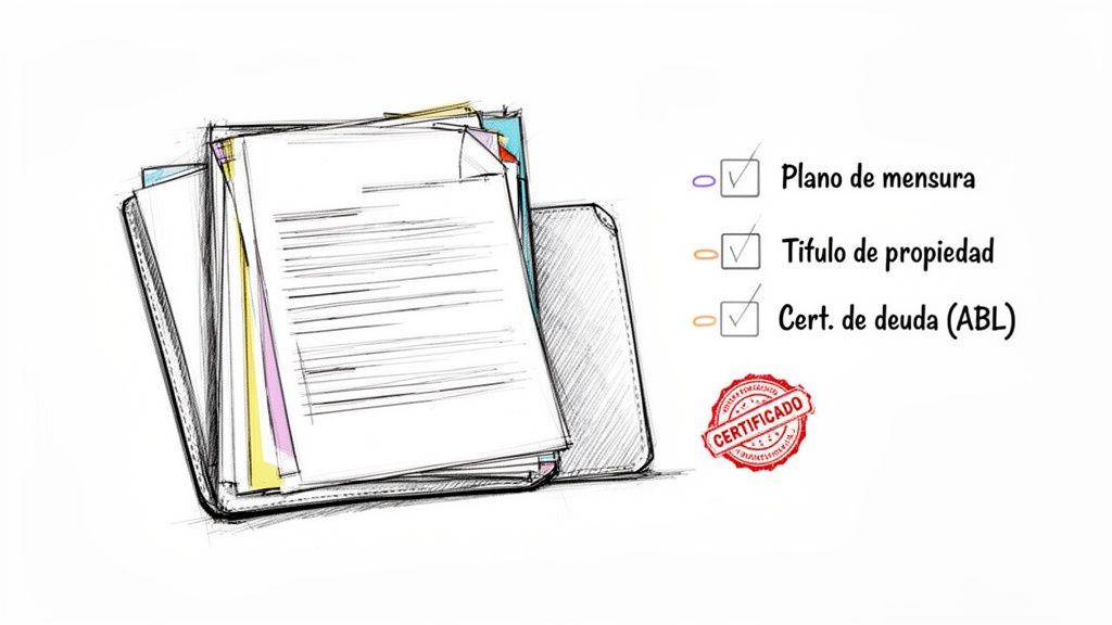 Carpeta con documentos importantes y una lista de verificación de requisitos legales para propiedades, incluyendo un sello de certificado.