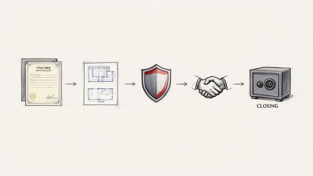 Secuencia de transacción inmobiliaria: escritura, planos, escudo de protección, acuerdo de manos y cierre de la propiedad.