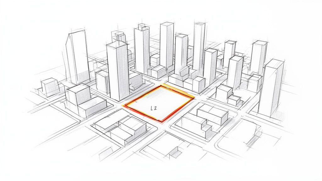 Boceto a mano de una ciudad con rascacielos. Un bloque central de terreno está resaltado en rojo con 'L Z'.