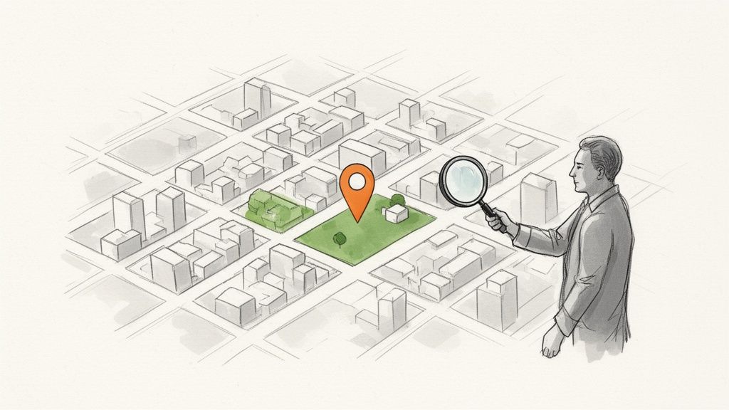 Un hombre usa una lupa sobre un mapa urbano buscando propiedades, con un pin de ubicación naranja señalando un terreno verde con una casa.